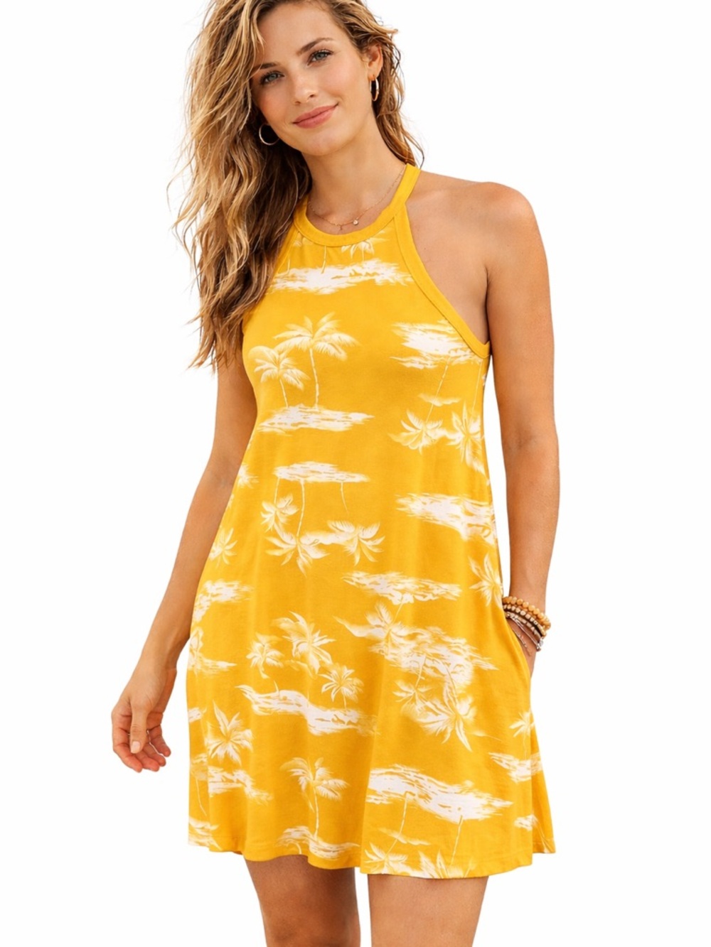 Old Navy High Neck Sleeveless Halter Swing Style Dress, XS, Golden‎ Palm Print